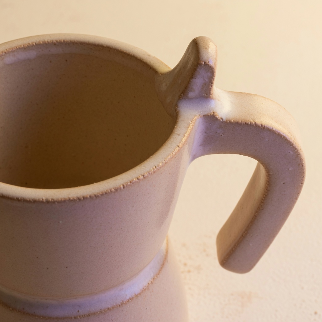 Detail der oberen Öffnung und des Griffs einer sandfarbenen Moka-Tasse