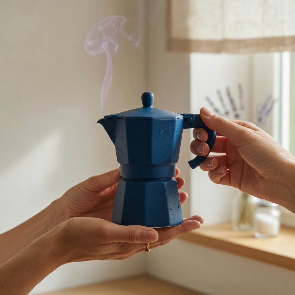 Hände umfassen eine ozeanblaue Moka-Tasse mit Dampf – ruhige Morgensituation