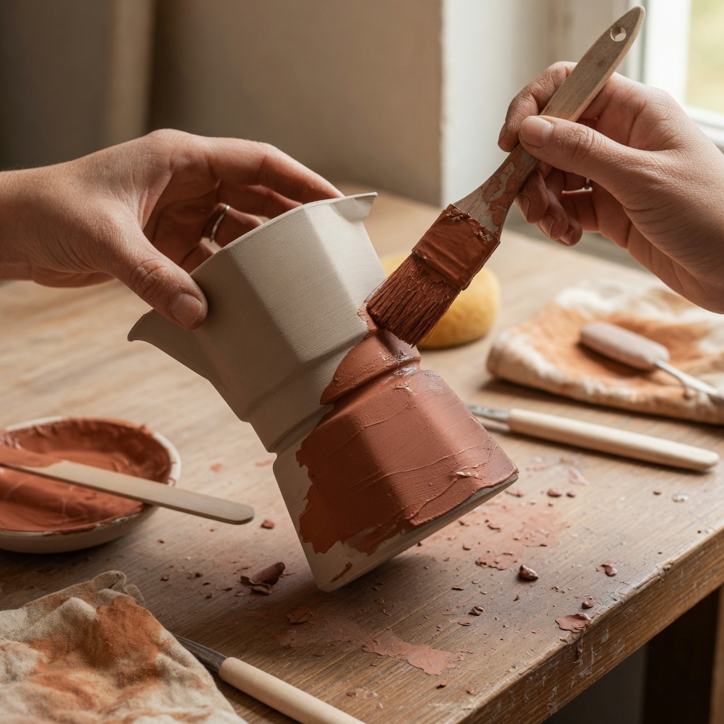 Hände tragen Glasur auf eine Moka-Tasse auf